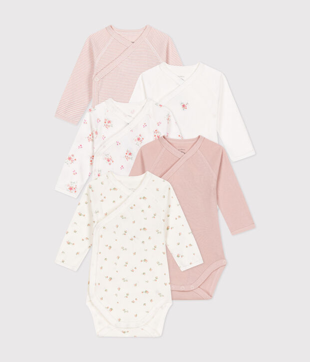 Set di 5 body incrociati a maniche lunghe in cotone neonato multicolore