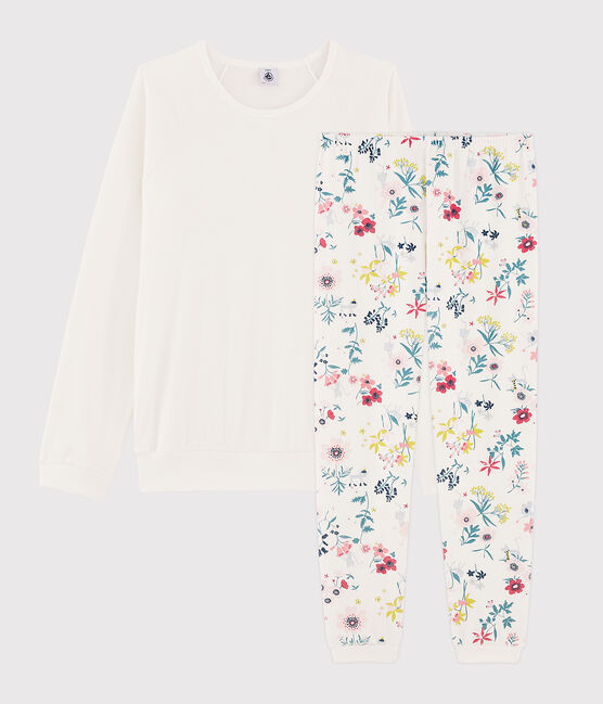 Pigiama ragazza a fiori bimateriale bianco MARSHMALLOW/bianco MULTICO