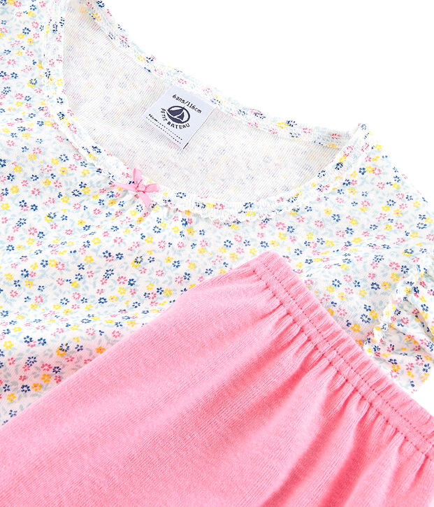 Pigiama corto bambina in lino/cotone bianco/multicolore