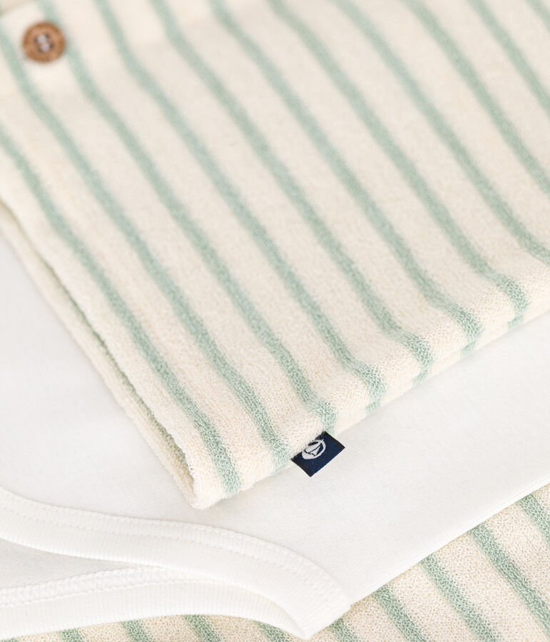 Completo 3 pezzi beb&egrave; in spugna bouclette beb&egrave; ecru/verde