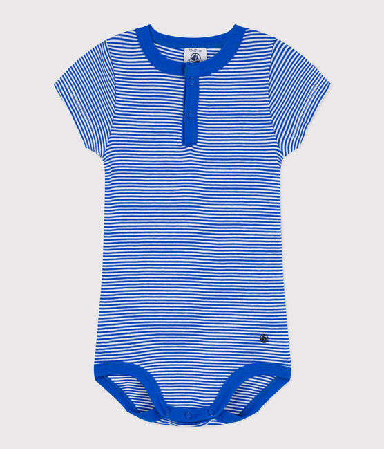Body a maniche corte bebè millerighe in cotone blu PERSE/bianco MARSHMALLOW
