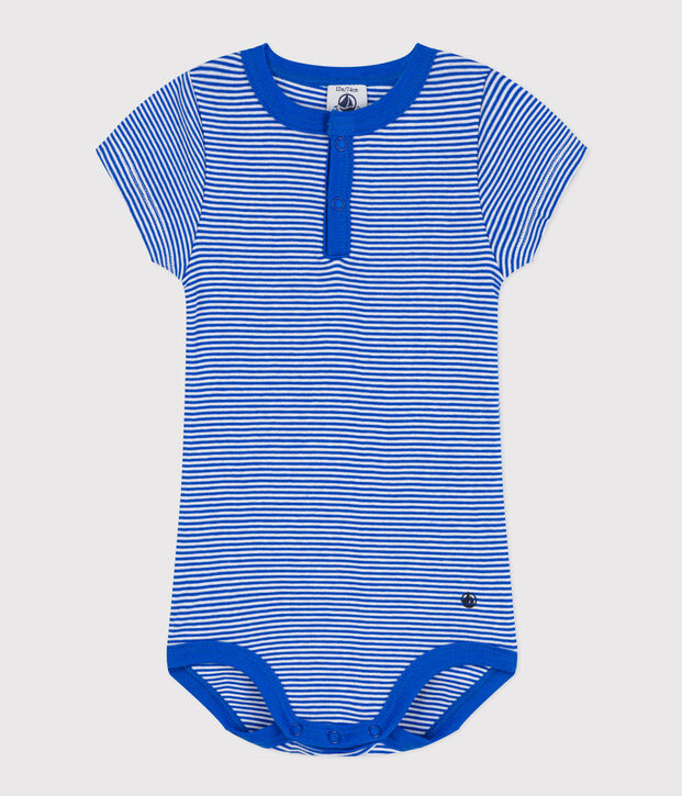 Body a maniche corte beb&egrave; millerighe in cotone blu/bianco