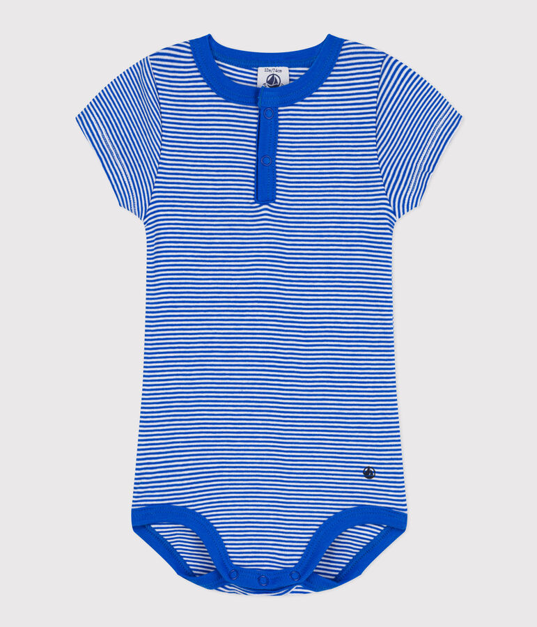 Body a maniche corte beb&egrave; millerighe in cotone blu/bianco
