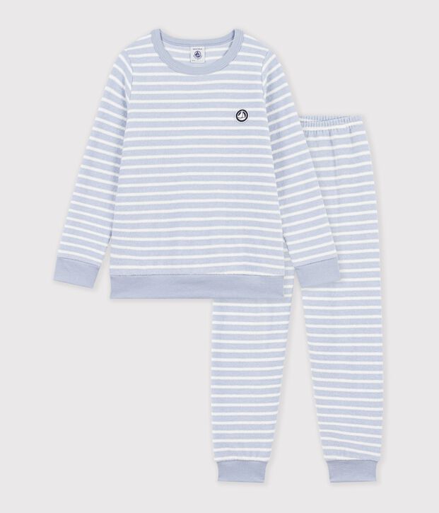 Pigiama in spugna di cotone a righe bambino blu/ecru