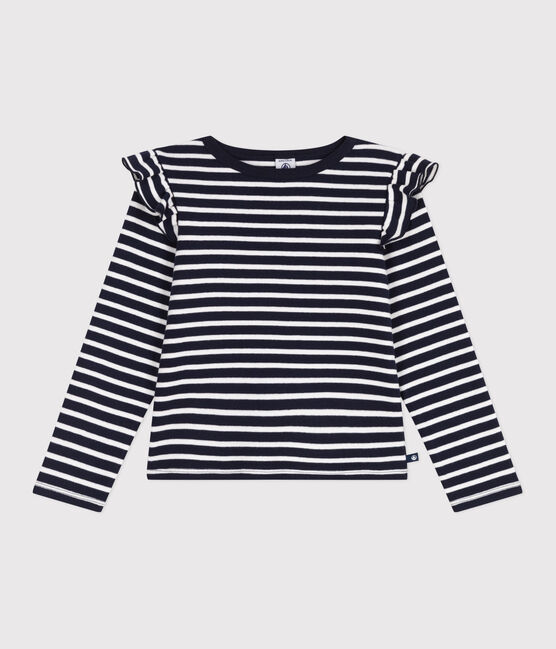 T-shirt a maniche lunghe in cotone a righe bambina blu SMOKING/bianco MARSHMALLOW