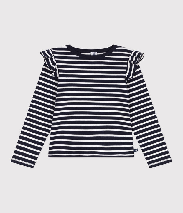 T-shirt a maniche lunghe in cotone a righe bambina blu/bianco