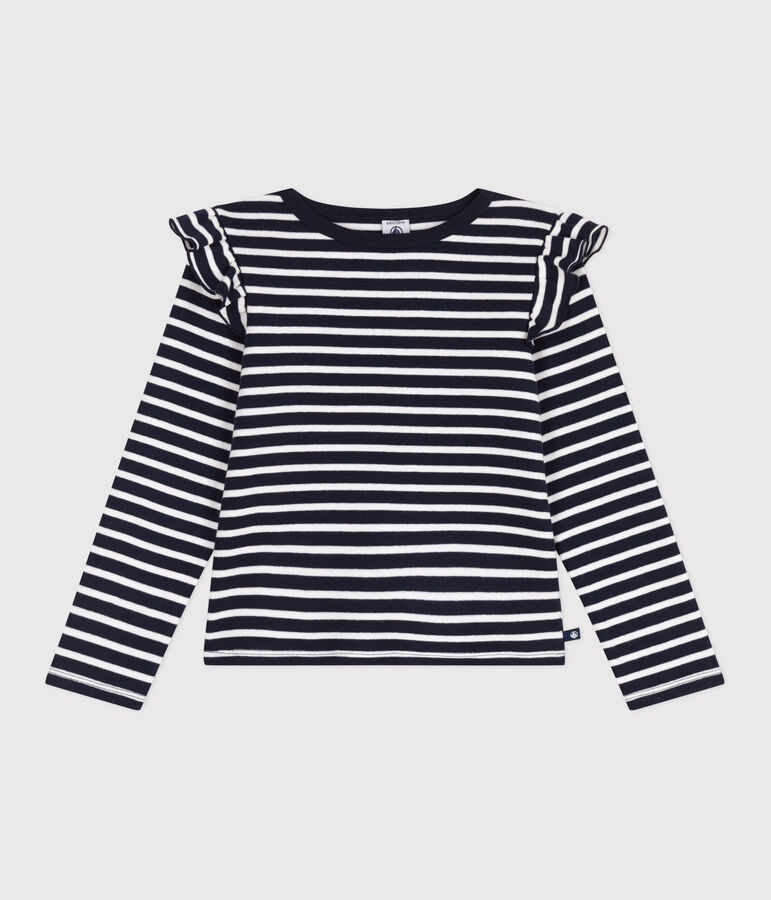 T-shirt a maniche lunghe in cotone a righe bambina blu/bianco