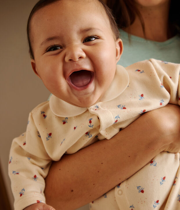 Tutina neonato in cotone con colletto e stampa a fiori ecru/multicolore