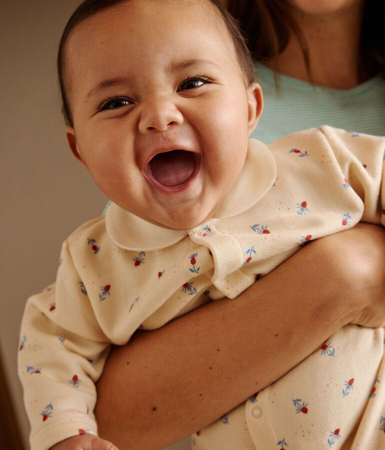 Tutina neonato in cotone con colletto e stampa a fiori ecru/multicolore
