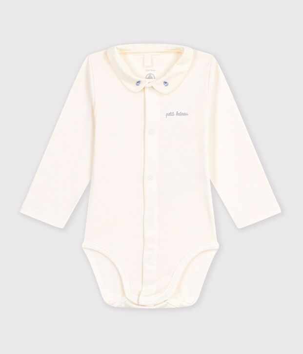 Body a maniche lunghe in cotone tinta unita con colletto ricamato neonato blu/blu
