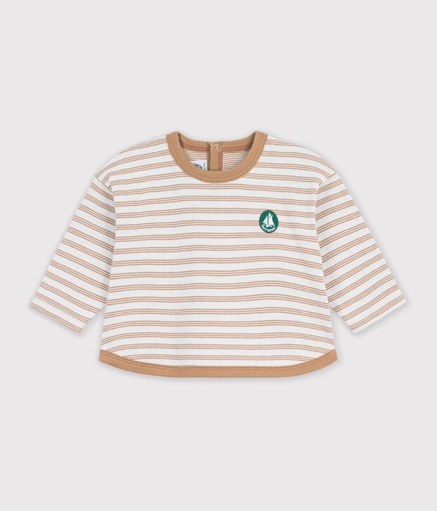T-shirt a maniche lunghe in cotone a righe neonato. beige/ecru