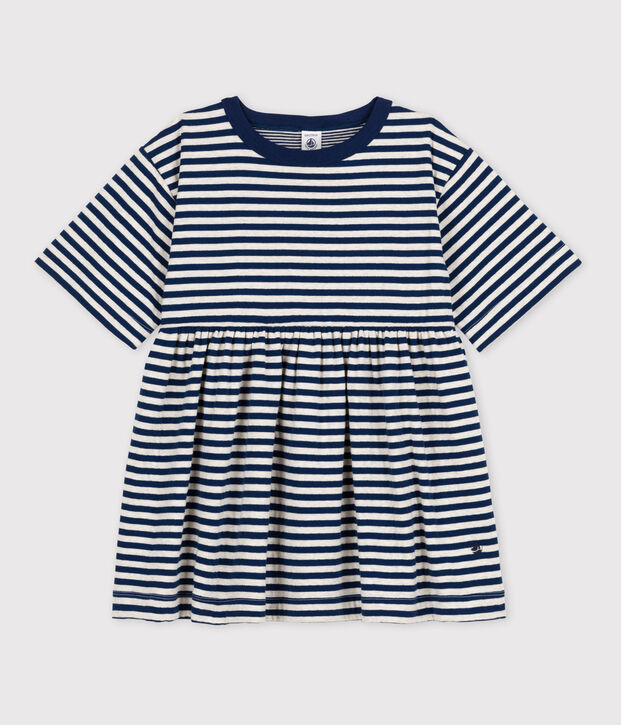 Abito bambina a maniche 3/4 in cotone a righe blu/beige