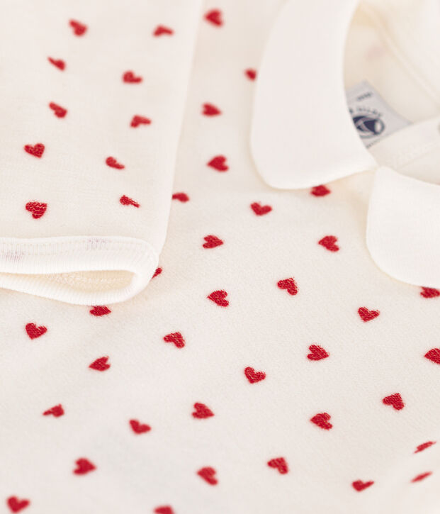 Pigiama beb&egrave; cuori in ciniglia bianco/rosso