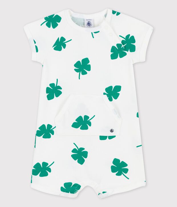 Tutina corta da beb&egrave; in molleton con stampa vegetale bianco/verde