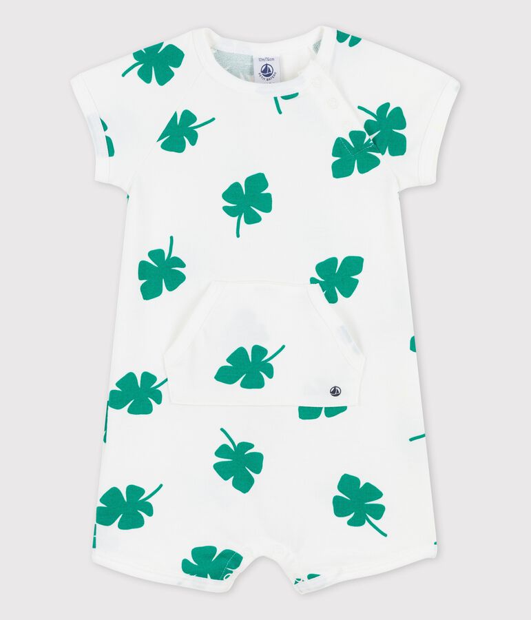 Tutina corta da beb&egrave; in molleton con stampa vegetale bianco/verde