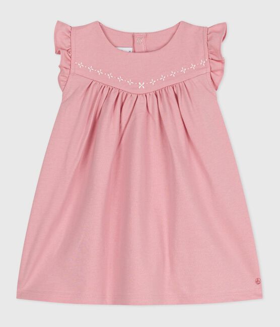 Abito senza maniche in cotone tinta unita con dettagli ricamati sullo scollo neonato rosa CHARME