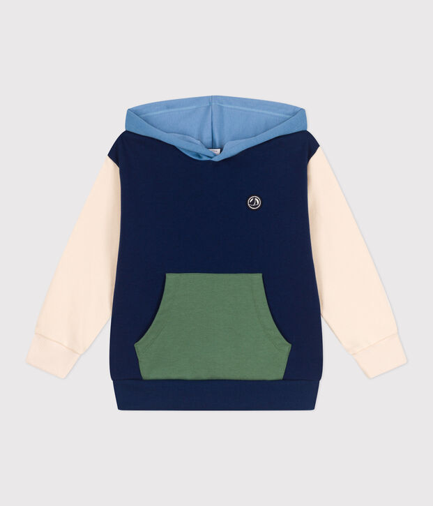 Felpa con cappuccio in cotone tinta unita bambino blu/multicolore