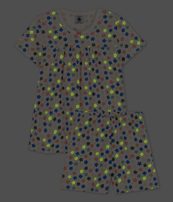 Pigiama corto a fiori fosforescenti bambina in cotone bianco MARSHMALLOW/bianco MULTICO