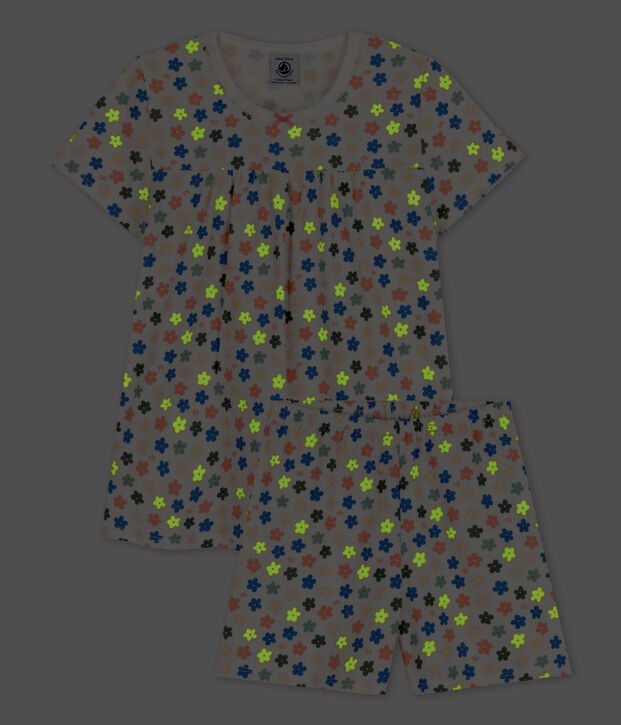 Pigiama corto a fiori fosforescenti bambina in cotone bianco/multicolore