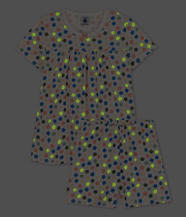 Pigiama corto a fiori fosforescenti bambina in cotone bianco/multicolore