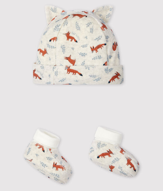 Confezione cappellino nascita e babbucce da neonato motivo volpe in velluto beige MONTELIMAR/bianco MULTICO