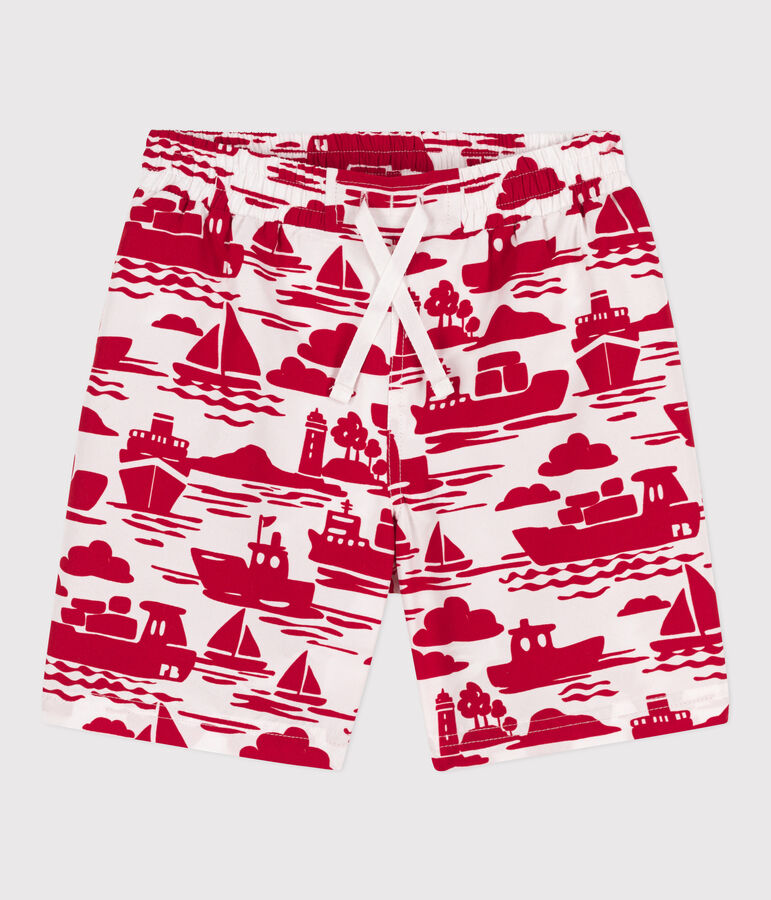 Shorts da mare bambino riciclati con stampa ecru/rosso