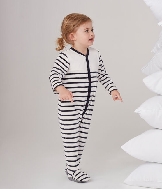 Tutina pigiama bebè unisex in velluto bianco MARSHMALLOW/blu SMOKING