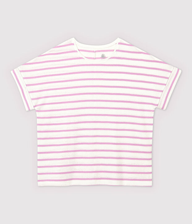 T-shirt in cotone/lino a righe Donna bianco/rosa