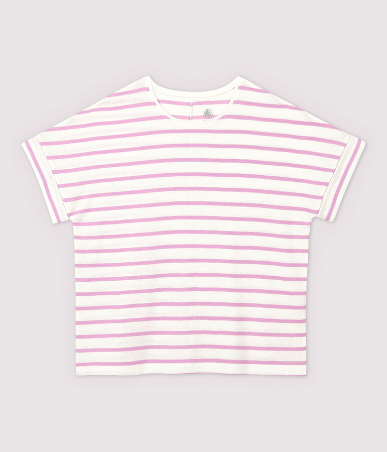 T-shirt in cotone/lino a righe Donna bianco/rosa