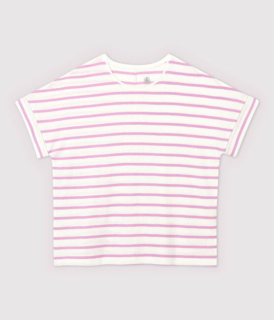 T-shirt in cotone/lino a righe Donna bianco MARSHMALLOW/rosa BOHEME