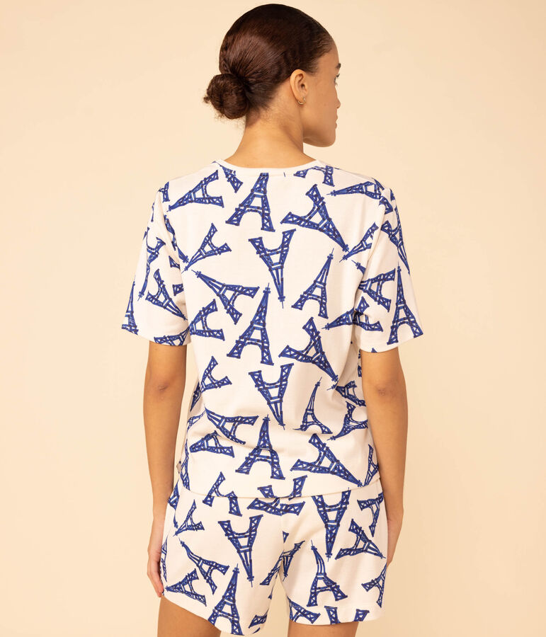 Pigiama donna corto in cotone motivo Parigi ecru/multicolore