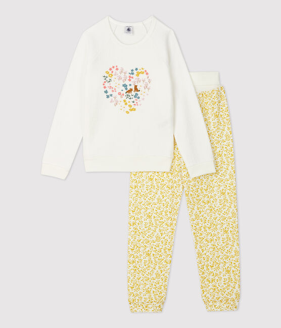 Pigiama bambina a fiori in spugna bouclette grattata giallo OCRE/bianco MARSHMALLOW