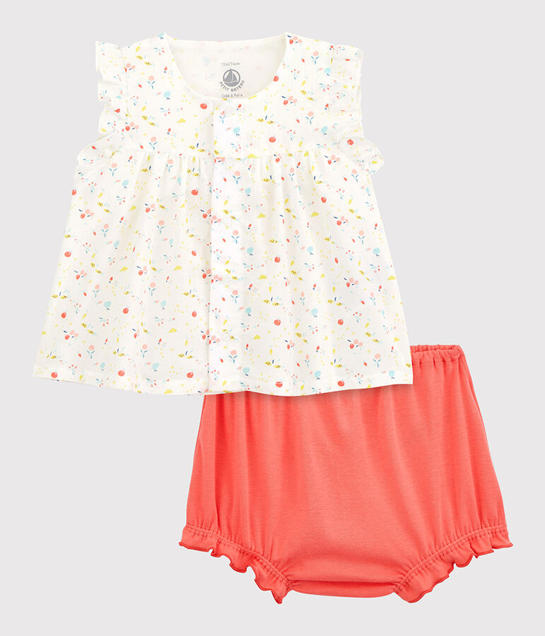 Completo 2 pezzi a fiori beb&egrave; bambina ordito e trama in cotone biologico bianco MARSHMALLOW/bianco MULTICO