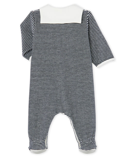 Tutina pigiama bebè maschio in ciniglia blu SMOKING/bianco MARSHMALLOW