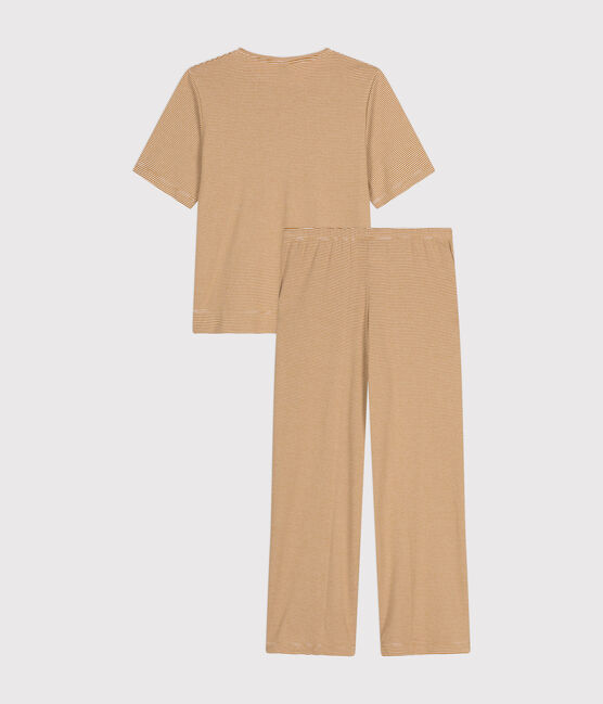 Pigiama donna in cotone a righe marrone CUIVRE/ MARSHMALLOW