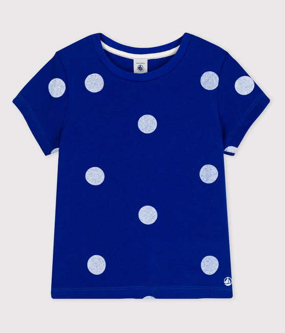 T-shirt a maniche corte in cotone-lino bambina blu SURF/bianco MARSHMALLOW