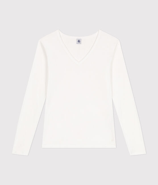 T-shirt donna L'Iconique a maniche lunghe in tinta unita a costine bianco ECUME