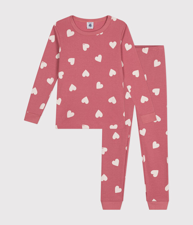 Pigiama aderente in cotone con stampa a cuori bambino rosa/ecru