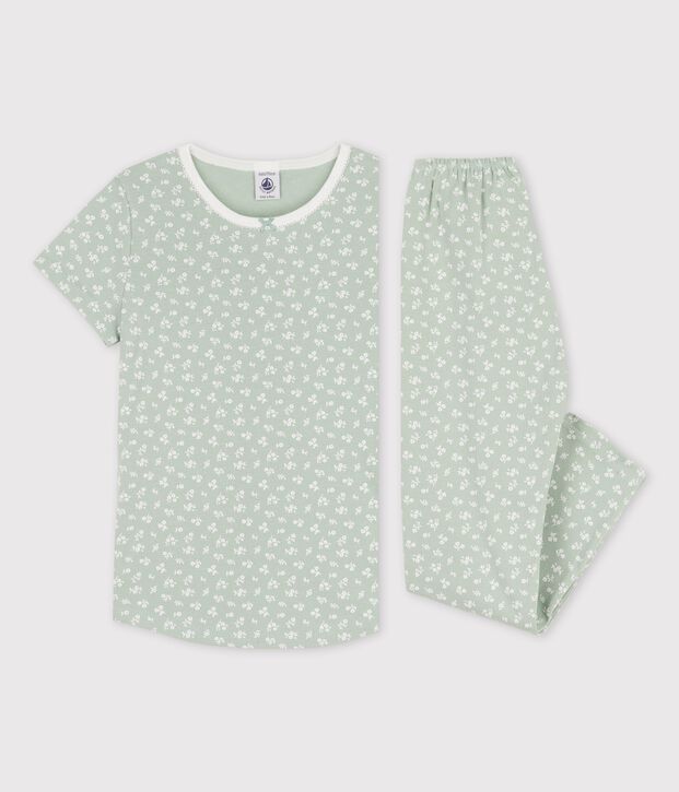 Pigiama a manica corta a fiori bambina in cotone verde/bianco