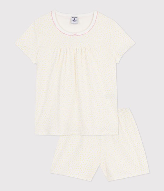 Pigiama corto in cotone arricciato con stampa a pois bambina giallo/bianco