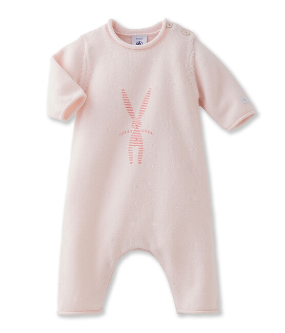 Tutina lunga bebé unisex in lana e cotone con coniglietto rosa FLEUR