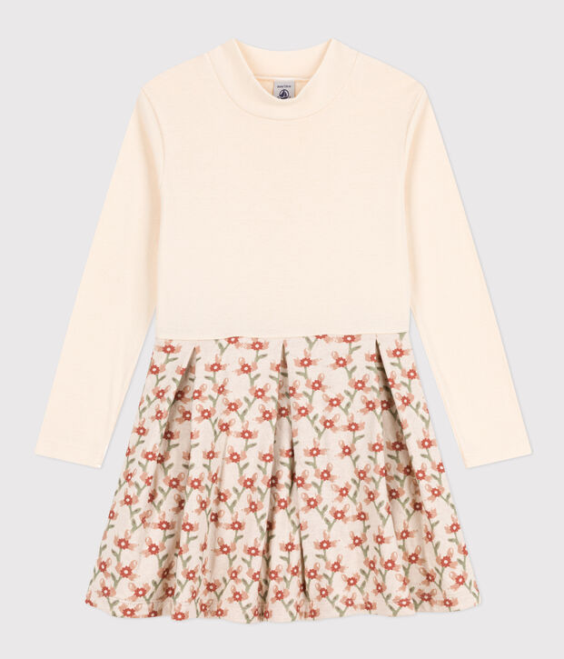 Abito a maniche lunghe fantasia bambina ecru/multicolore