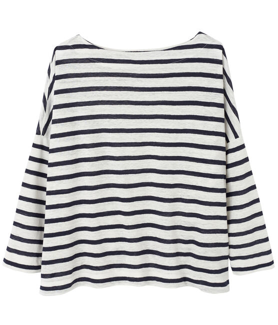 Maglia marinière donna in lino bianco LAIT/blu SMOKING