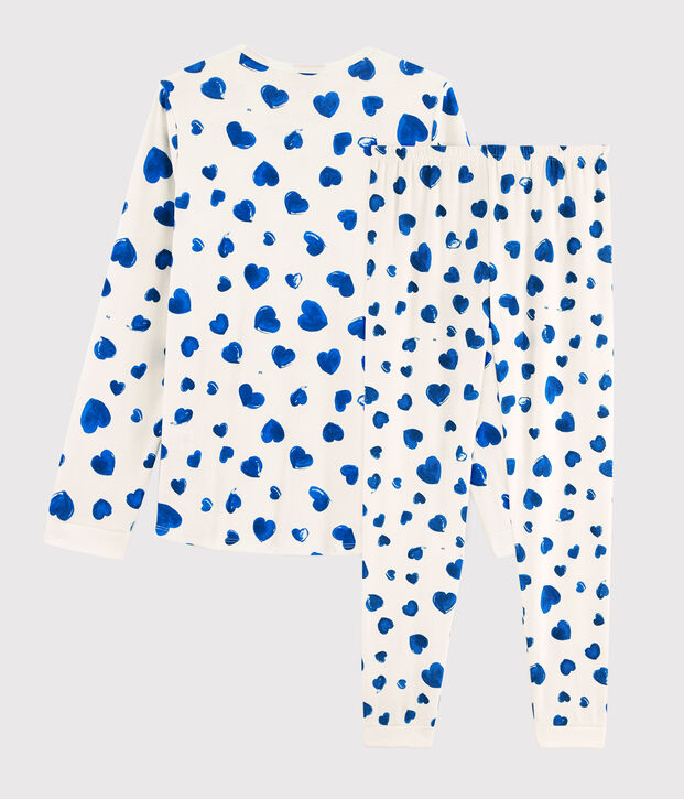 Pigiama ragazza fantasia cuori a costine bianco/blu