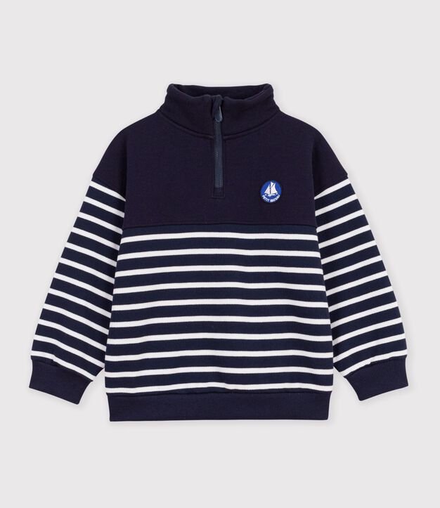 Felpa con mezza cerniera in cotone a righe bambino blu/bianco