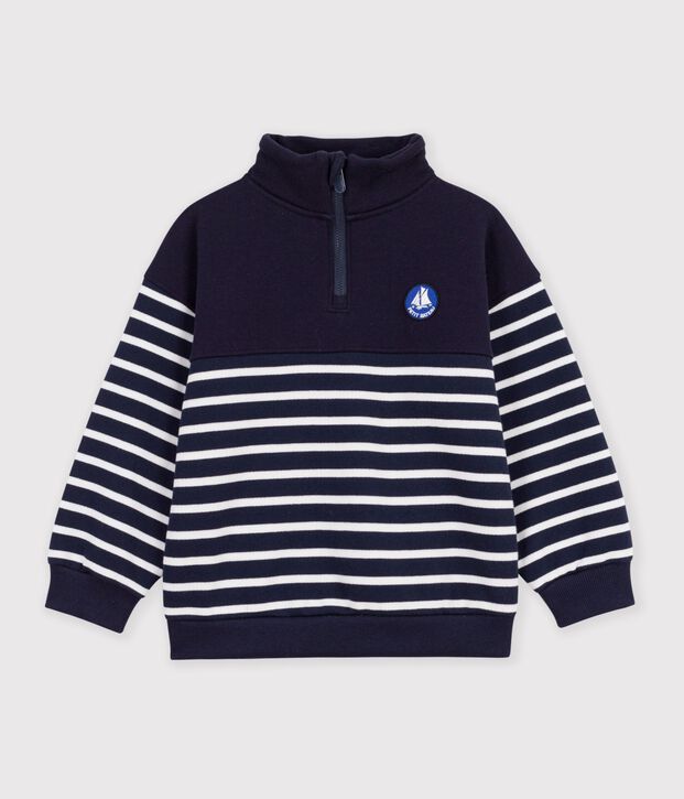 Felpa con mezza cerniera in cotone a righe bambino blu/bianco