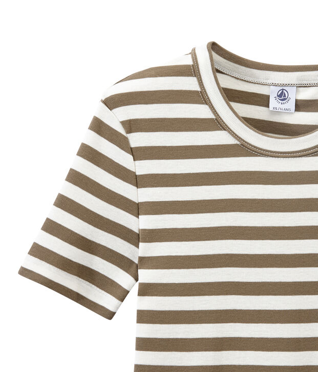 T-shirt donna in costina originale 1x1 rigata marrone/bianco