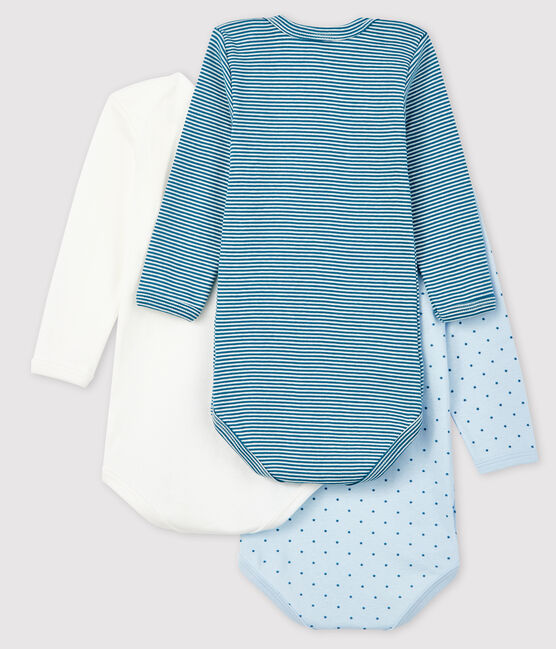 Confezione da 3 body a maniche lunghe blu bebè femmina in cotone variante 1