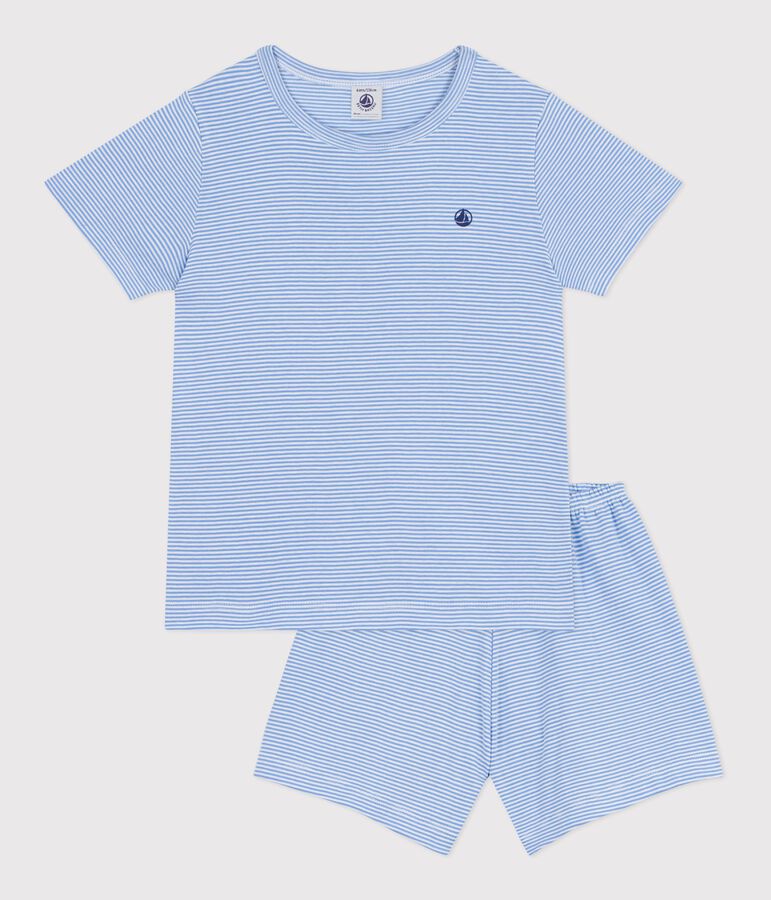 Pigiama corto in cotone a righe bambino blu/bianco