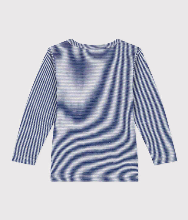 T-shirt a maniche lunghe rigata in lana e cotone da bambino blu/bianco